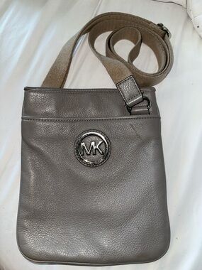 Michael Kors Gray Leather Crossbody with Beige Canvas Strap